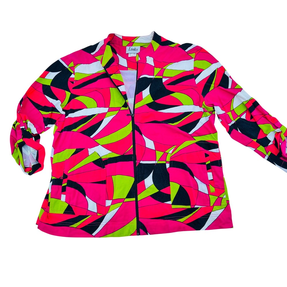 Links Womens Abstract Geometric Zip‎ Up Jacket Pink Lime Green 829K Size Large
